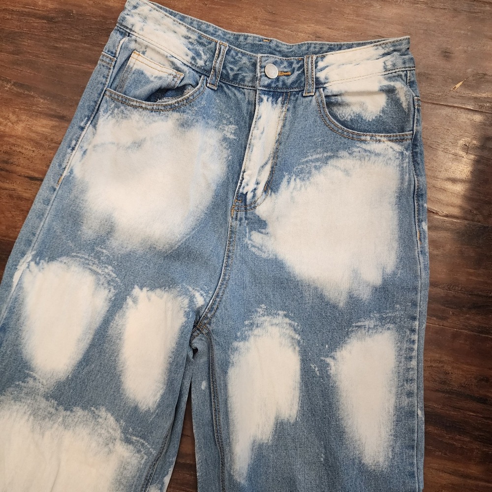 Shein Jeans Womens L Bleach Cloud Print 100% Cotton Blue Wide Leg High Waist Y2K